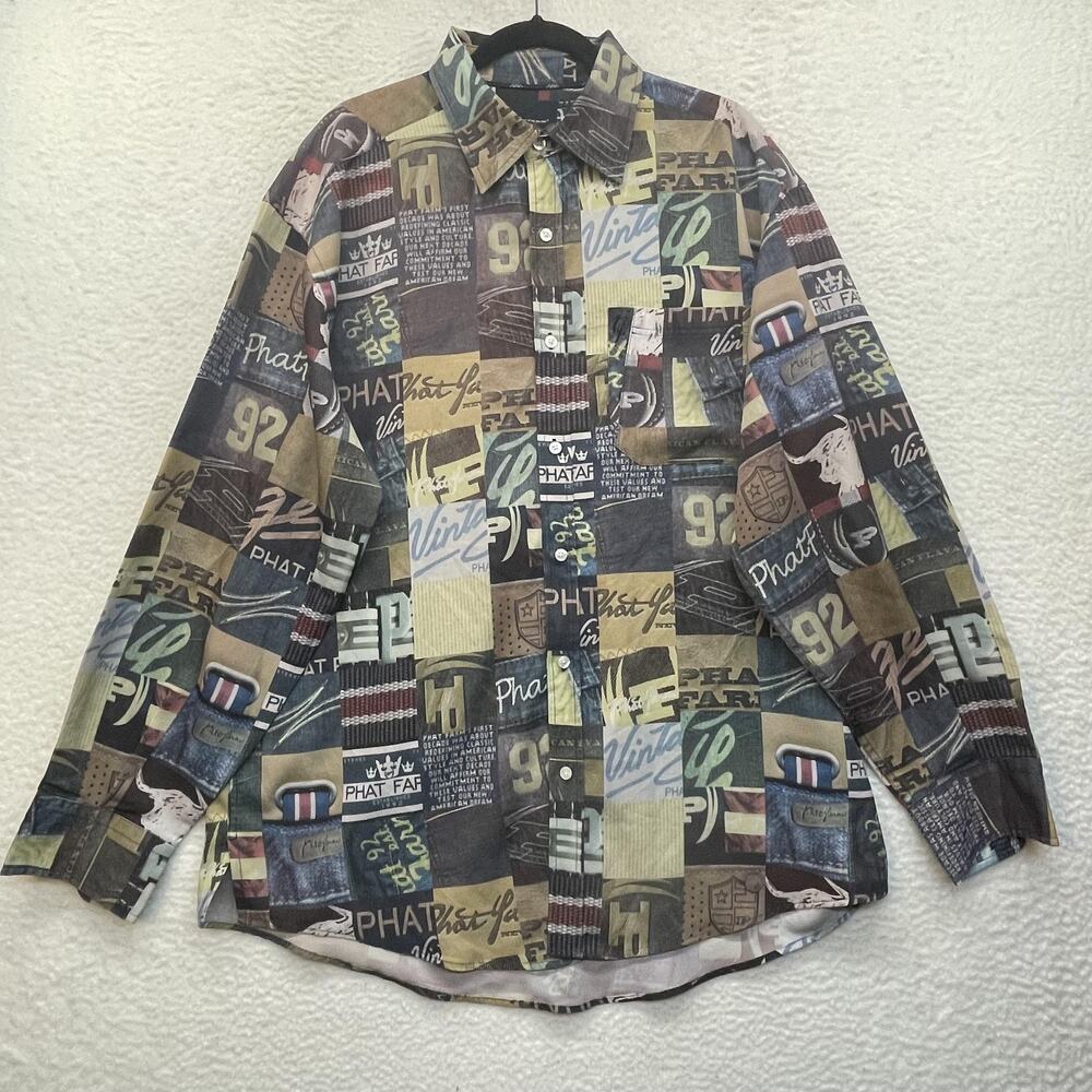 Phat Farm Shirt Mens XL Multicolor All Over Graphic Button Up Long Sleeve AOP